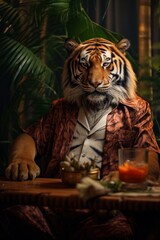 A majestic bengal tiger donning a shirt sips on a mysterious liquid amidst the lush greenery of an indoor zoo, embodying the untamed spirit of the wild felidae family