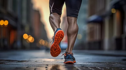Foto op Plexiglas anti-reflex Running man in city at night. Fitness jogging workout wellness concept. © thodonal