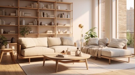 Modern interior jacanids style design Livingroom. Lighting and sunny Scandinavian apartment with plaster and wood. 