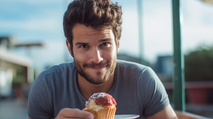 Happy man biting cream cake in the cafe closeup
