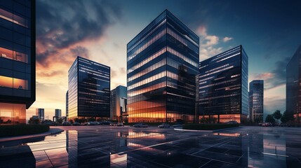 Perfect modern office buildings at dusk. Working time. - obrazy, fototapety, plakaty