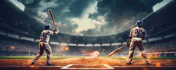 baseball player in action, at night stadium with spotlights. abse ball motion banner.