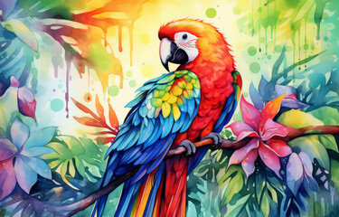 Colorful parrot sitting on a branch of a tree. Watercolor illustration.