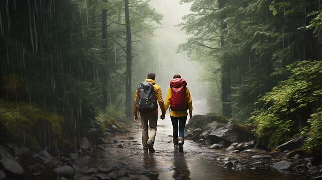 Photorealistic image of a middle aged couple of hikers walk through the forest in rainy weather