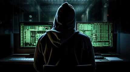 shadowy world of hacking with a mesmerizing depiction of an anonymous hacker from the back , hacker doing his work , Generative Ai 