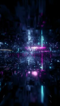 3d vertical video, abstract urban virtual reality tunnel. Futuristic motion graphic loops. Pink neon light glow. Camera spinning around. Drone ultra fast flying forward. Loop at 2K resolution.