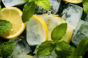 Detailed shot of lemon and mint ice cubes showcasing their texture. Generative AI