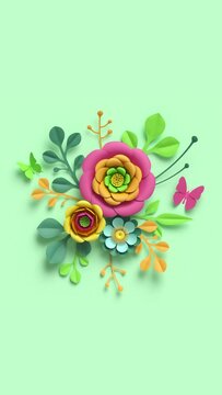 Festive botanical vertical video. Colorful paper flowers and green leaves growing, appearing on pastel mint background. Decorative floral arrangement, round bouquet diy craft project
