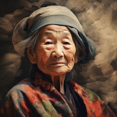 Image of an older Asian woman with abstract oil paint detail. - obrazy, fototapety, plakaty