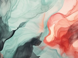 Watercolor paint background design. Abstract painting with vibrant colors. Peach, green and grey colors.