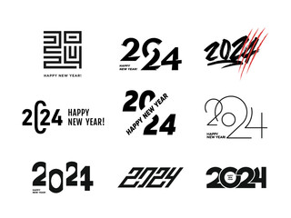 Big Set of 2024 Happy New Year logo text design. 2024 number design template. Collection of 2024 Happy New Year symbols. Vector illustration with black labels isolated on white background.