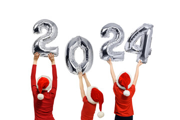 Number 2024 of shiny balloons. Numbers in the hands of people in red hats. Isolate on white...