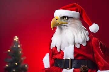 Portrait of a Hawk Dressed in a Red Santa Claus Costume in Studio with Colorful Background