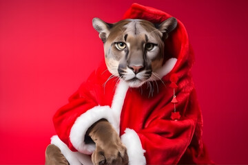 Portrait of a Panther Dressed in a Red Santa Claus Costume in Studio with Colorful Background