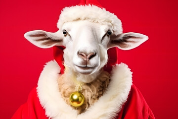 Portrait of a Sheep Dressed in a Red Santa Claus Costume in Studio with Colorful Background