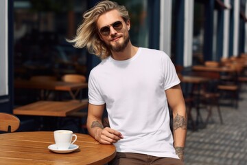 White blank t shirt mock up. Men in cafe