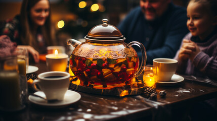 Christmas day, the family Making hot cocoa or mulled cider. - obrazy, fototapety, plakaty