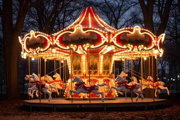 Whimsical Holiday Carousel Adorned with Festive Lights and Enchanting Animal Figures.