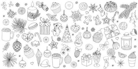 Fotobehang Sketch decoration xmas set. Christmas and happy new year symbols. Sock and gift, gingerbread, holly fir branches, pine cone vector elements. Hand drawn sweet, christmas ball, candy cane © Marisha paint
