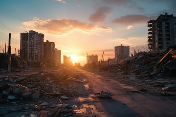 evening landscape of a city destroyed by war, earthquake, disaster, empty residential buildings and roads