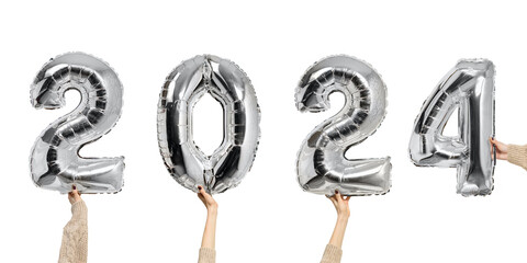 2024 Number of shiny balloons. Figures in female hands. White background. New years concept