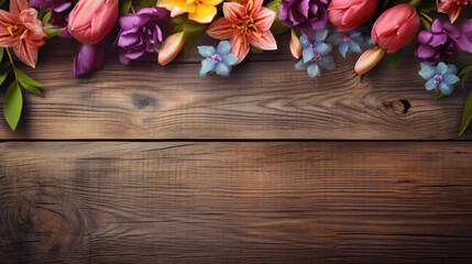 Flowers with wooden banner for text on wooden background