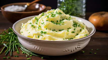 Fluffy mashed potatoes with chives and butter - obrazy, fototapety, plakaty