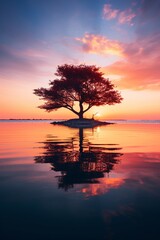Fototapeta na wymiar an isolated tree in the middle of water at sunset, vibrant, lively, silhouette figures