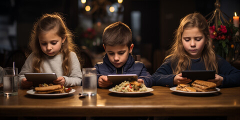 Technology danger of modern society. Unhappy hypnotized child who is bored is eating at the table and looking at his mobile or tablet device. Kids emotional isolation and depression