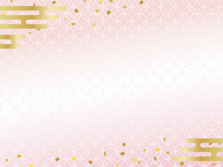 和風のピンクの背景、和柄の雲や紙吹雪のフレーム、年末年始のバナーやお正月の年賀状に	