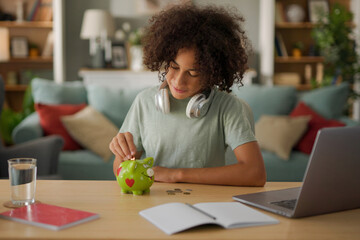 Teenage boy putting coins in piggy bank- money saving concept © Stockphotodirectors