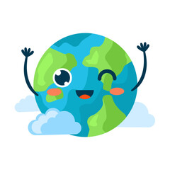 Kawaii drawing of the Planet Earth among the clouds waving his hands. Earth Day for Environmental Protection. Save the planet.