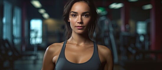 The young and beautiful woman poses for a happy sports portrait in the gym showcasing her dedication to fitness health and a healthy lifestyle through training and exercise while being capt