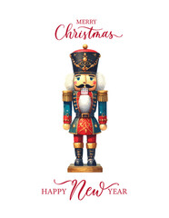 Vector Christmas watercolor illustration in Scandinavian style. Cute nutcracker with mistletoe, berries, candy cane. Christmas Holiday greeting card.