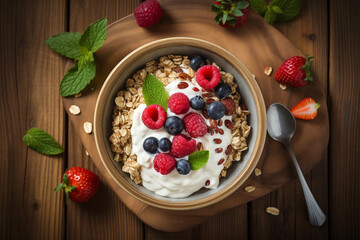 A bowl of muesli, fruits and yogurt on a wooden rustic table. 