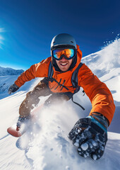 Fototapeta na wymiar male snowboarder in goggles and helmet riding a snowboard on a snowy slope in the mountains, winter sport, athlete, lifestyle, vacation, man, speed