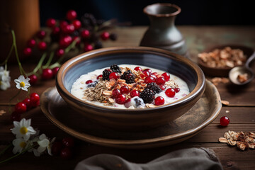 A bowl of muesli, fruits and milk on a wooden rustic table. 