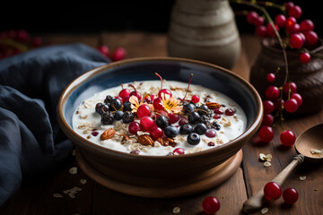 A bowl of muesli, fruits and milk on a wooden rustic table. 