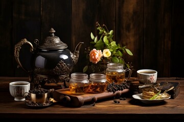 Assortment of tea elements set on rustic table. Generative AI