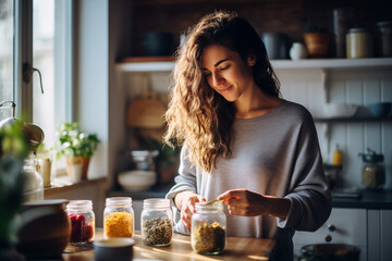 A beautiful long hair girl preparing jars standing in a modern rustic kitchen in a sunny day. 