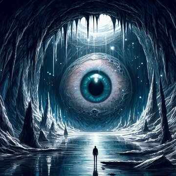 a man looking at the eye of a large alien in an underwater cave