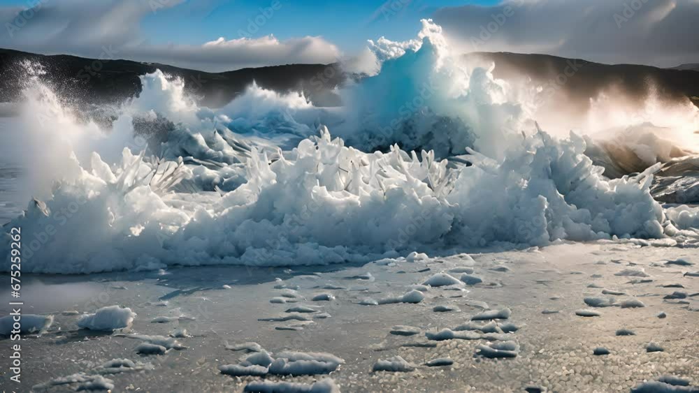 Poster frozen beach alive with crashing waves, creating mesmerizing display water.