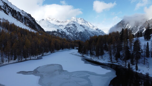 Aerial view of Oberalppass Mountain in the Swiss Alps, Graub&uuml;nden, Switzerland