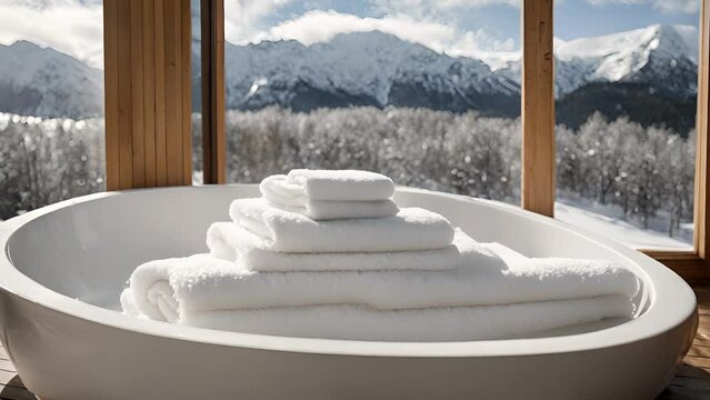 fluffy white towels snowy scene outside make this bathroom feel like luxurious mountain retreat.