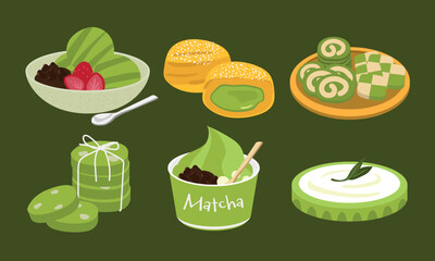  Matcha Green Tea dessert in flat color vector style collection3