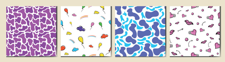 Set of trendy hand-drawn doodle Elements Happy Birthday with love hearts background. Cute Cartoon Cloud Painting Bubble. Happy smile faces seamless pattern. Neon leopard animal print texture pattern