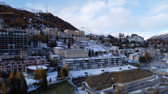 Aerial view of St. Moritz and Lake St. Moritz in the Swiss Alps, Switzerland