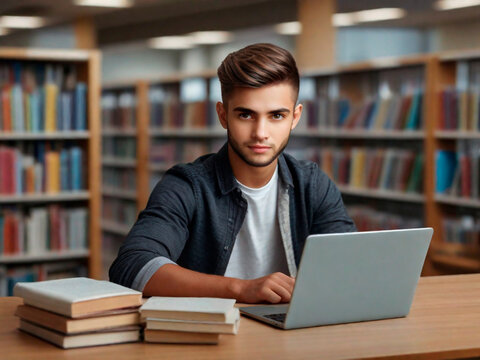Handsome young man studying at the library and using a laptop.IA generativa