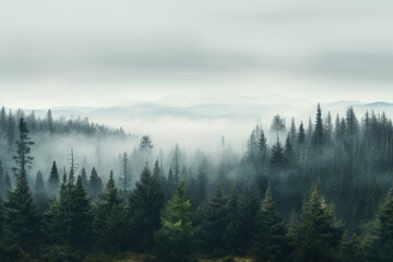 Fototapeta na wymiar Misty landscape with fir forest in vintage retro style.