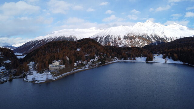 Aerial view of St. Moritz and Lake St. Moritz in the Swiss Alps, Switzerland